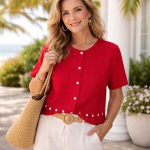 VTG Melissa Harper Red Linen Blend Button Up Top Sz 10 Pintuck Pleated Short Slv